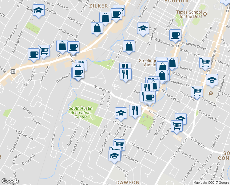 map of restaurants, bars, coffee shops, grocery stores, and more near 2301 South 5th Street in Austin