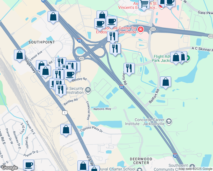 map of restaurants, bars, coffee shops, grocery stores, and more near 7044 Deer Lodge Circle in Jacksonville
