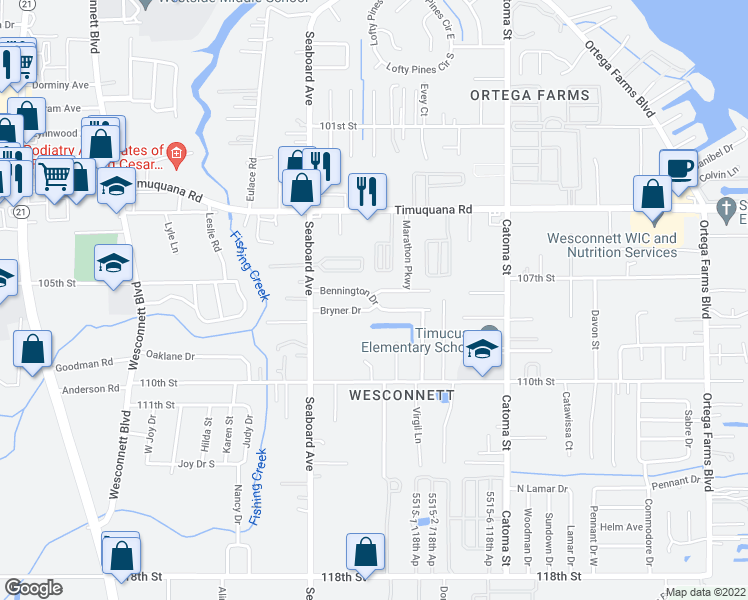 map of restaurants, bars, coffee shops, grocery stores, and more near Bennington Drive in Jacksonville