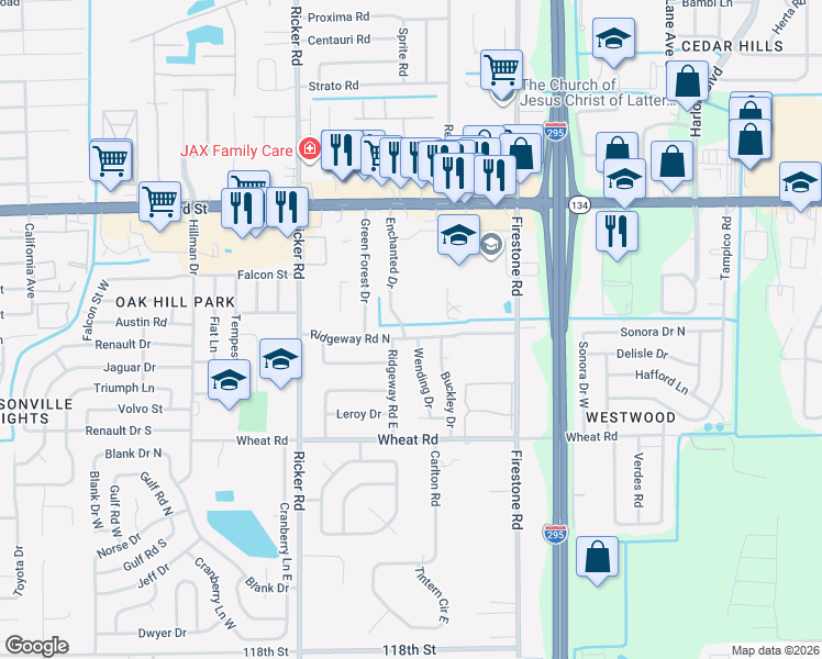 map of restaurants, bars, coffee shops, grocery stores, and more near 7355 Ridgeway Road North in Jacksonville