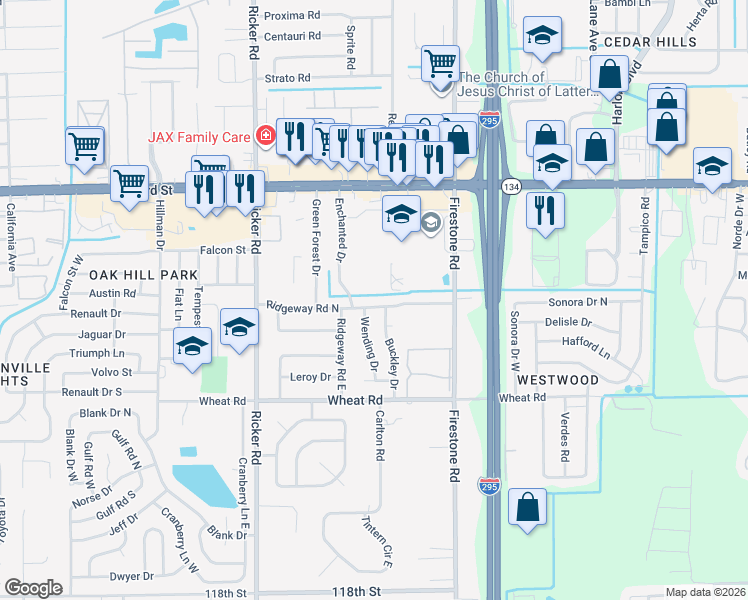 map of restaurants, bars, coffee shops, grocery stores, and more near 7355 Ridgeway Road North in Jacksonville