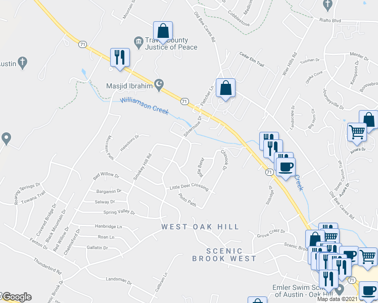 map of restaurants, bars, coffee shops, grocery stores, and more near 6852 Raccoon Run in Austin