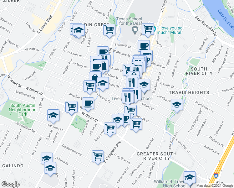 map of restaurants, bars, coffee shops, grocery stores, and more near 300 Crockett Street in Austin