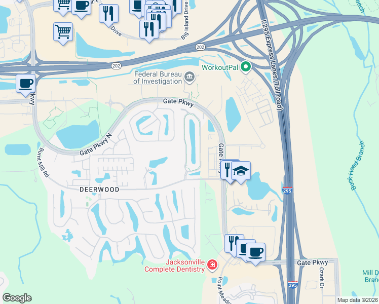 map of restaurants, bars, coffee shops, grocery stores, and more near 7555 Scarlet Ibis Lane in Jacksonville