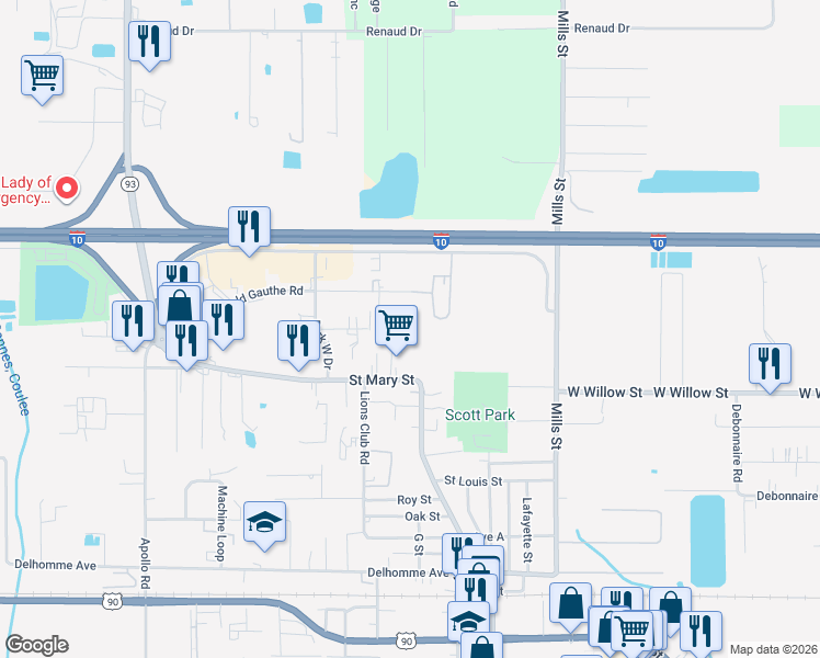 map of restaurants, bars, coffee shops, grocery stores, and more near 124 Abigayle Row in Scott