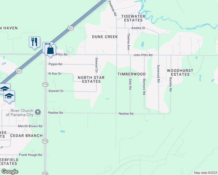 map of restaurants, bars, coffee shops, grocery stores, and more near 5235 Pinetree Road in Panama City