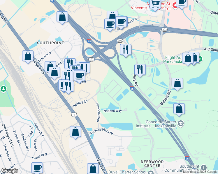 map of restaurants, bars, coffee shops, grocery stores, and more near 7032 Deer Lodge Circle in Jacksonville