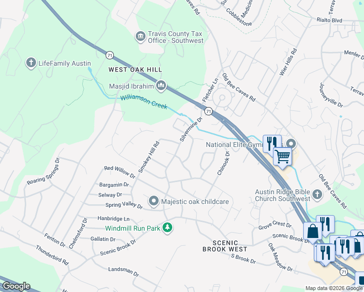 map of restaurants, bars, coffee shops, grocery stores, and more near 6805 Silvermine Drive in Austin