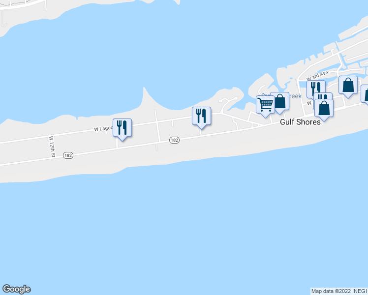 map of restaurants, bars, coffee shops, grocery stores, and more near 1011 West Beach Boulevard in Gulf Shores