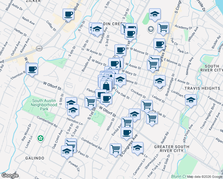 map of restaurants, bars, coffee shops, grocery stores, and more near 603 West Live Oak Street in Austin