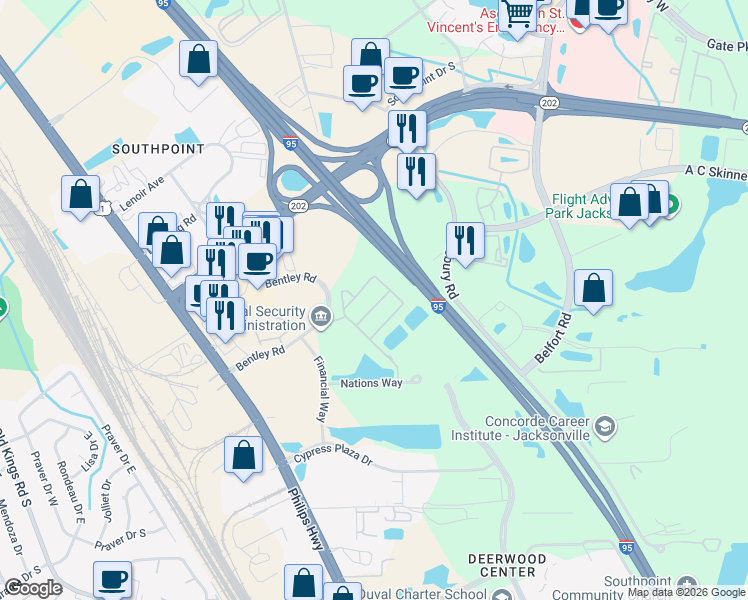 map of restaurants, bars, coffee shops, grocery stores, and more near 7044 Deer Lodge Circle in Jacksonville