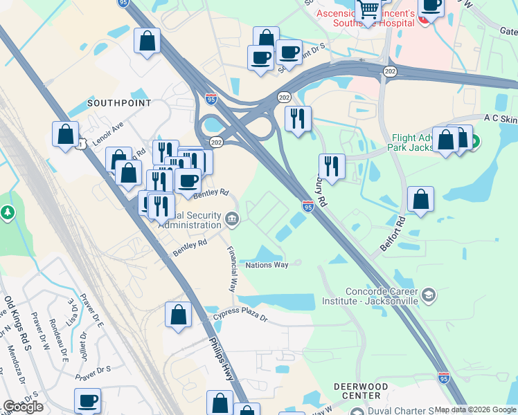 map of restaurants, bars, coffee shops, grocery stores, and more near 8188 Cabin Lake Circle in Jacksonville