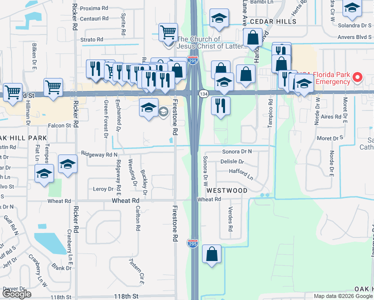 map of restaurants, bars, coffee shops, grocery stores, and more near 7121 Yowdy Star Lane in Jacksonville