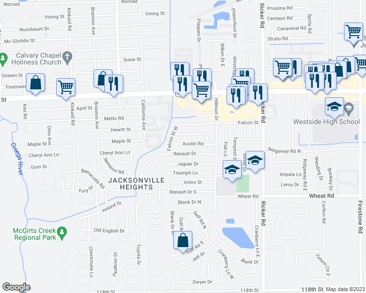 map of restaurants, bars, coffee shops, grocery stores, and more near 7938 Austin Road in Jacksonville