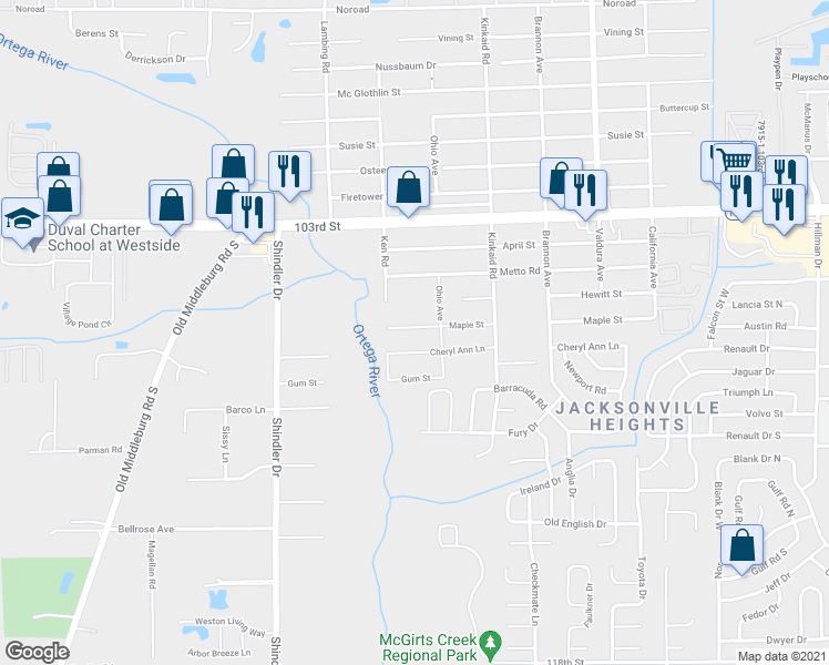 map of restaurants, bars, coffee shops, grocery stores, and more near 8567 Maple Street in Jacksonville