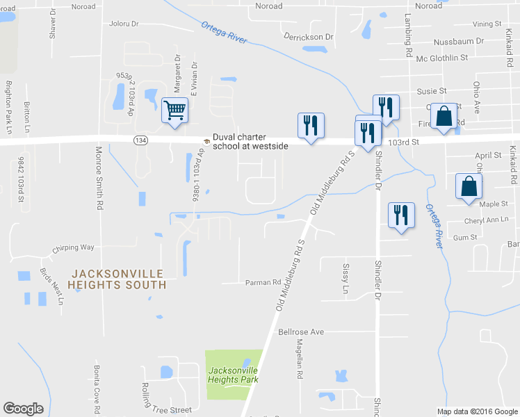 map of restaurants, bars, coffee shops, grocery stores, and more near 5594 Village Pond Circle in Jacksonville