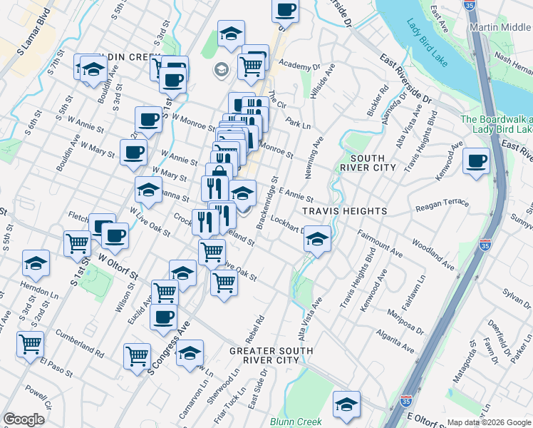 map of restaurants, bars, coffee shops, grocery stores, and more near 1813 Brackenridge Street in Austin