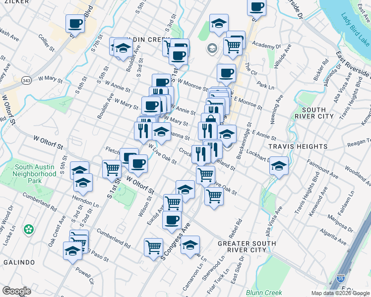 map of restaurants, bars, coffee shops, grocery stores, and more near 207 West Johanna Street in Austin