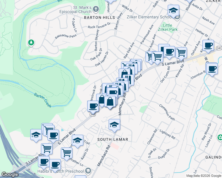 map of restaurants, bars, coffee shops, grocery stores, and more near 2322 Westforest Drive in Austin