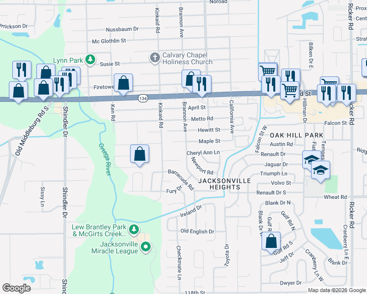 map of restaurants, bars, coffee shops, grocery stores, and more near 5754 Brannon Avenue in Jacksonville