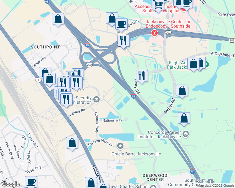 map of restaurants, bars, coffee shops, grocery stores, and more near 7053 Snowy Canyon Drive in Jacksonville