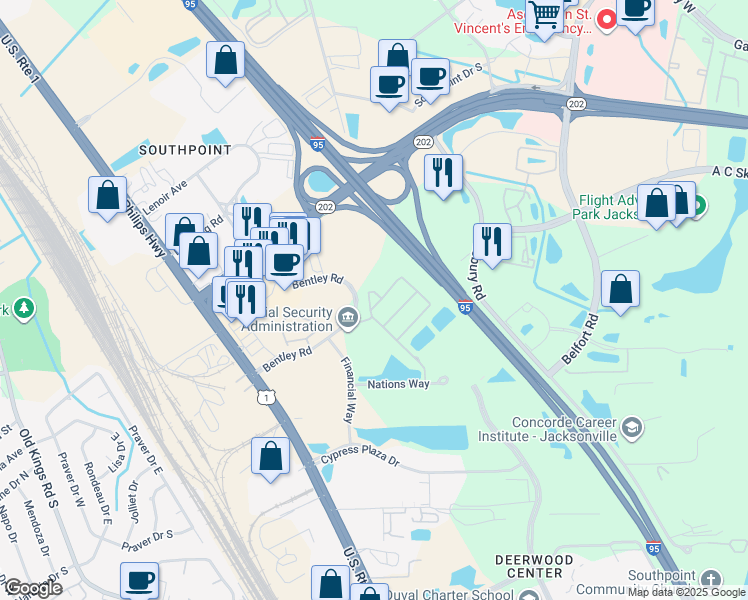 map of restaurants, bars, coffee shops, grocery stores, and more near 8189 Cabin Lake Circle in Jacksonville