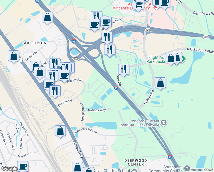 map of restaurants, bars, coffee shops, grocery stores, and more near 7055 Deer Lodge Circle in Jacksonville