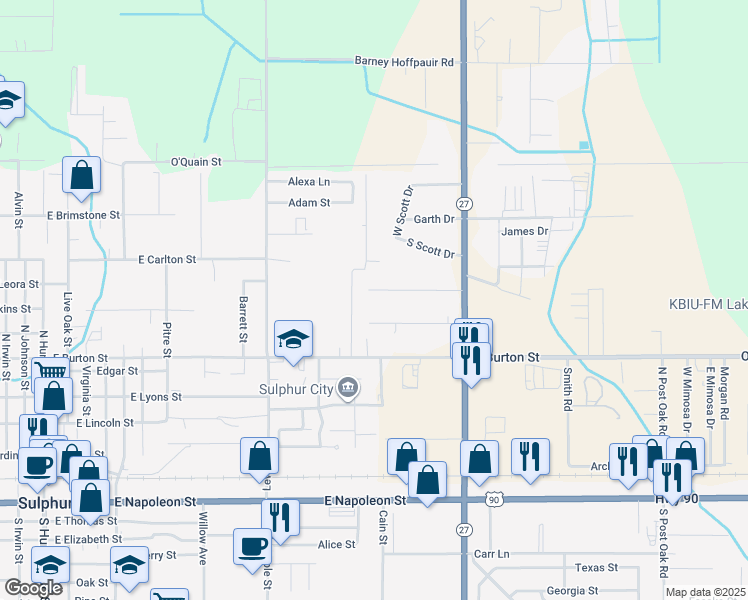 map of restaurants, bars, coffee shops, grocery stores, and more near 1408 Christie Drive in Sulphur