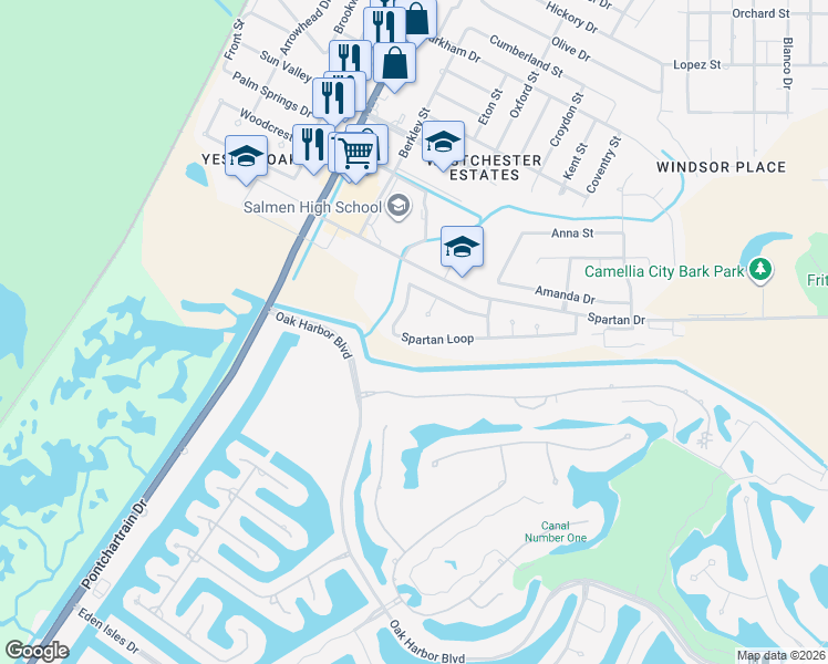 map of restaurants, bars, coffee shops, grocery stores, and more near 208 Spartan Loop in Slidell