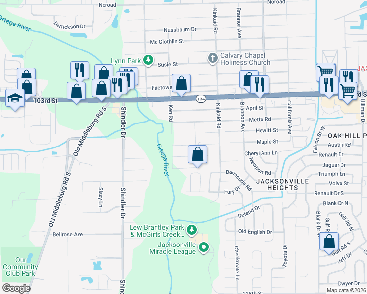 map of restaurants, bars, coffee shops, grocery stores, and more near 8567 Maple Street in Jacksonville