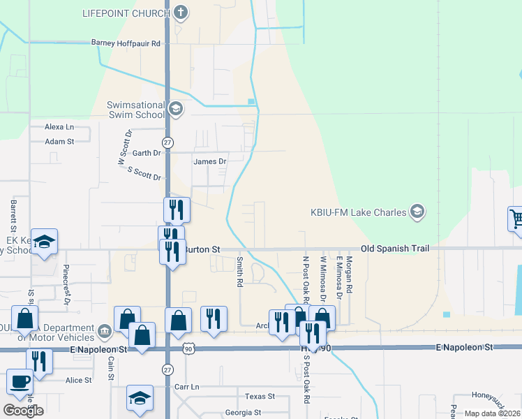 map of restaurants, bars, coffee shops, grocery stores, and more near 801 Rushing Road in Sulphur