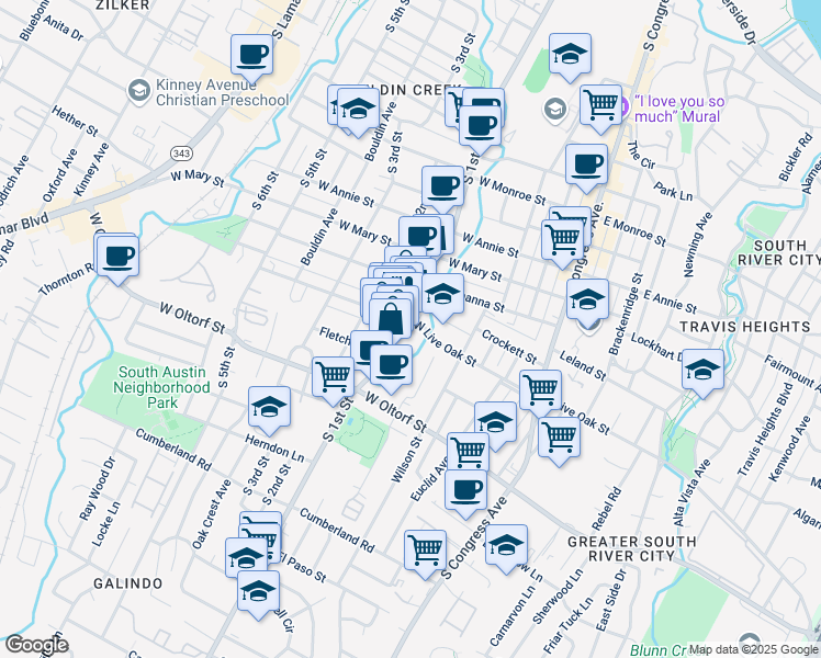 map of restaurants, bars, coffee shops, grocery stores, and more near 2209 South 1st Street in Austin