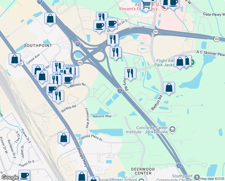 map of restaurants, bars, coffee shops, grocery stores, and more near 7055 Deer Lodge Circle in Jacksonville