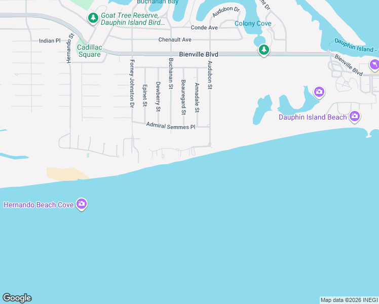 map of restaurants, bars, coffee shops, grocery stores, and more near 318 Audubon Place in Dauphin Island