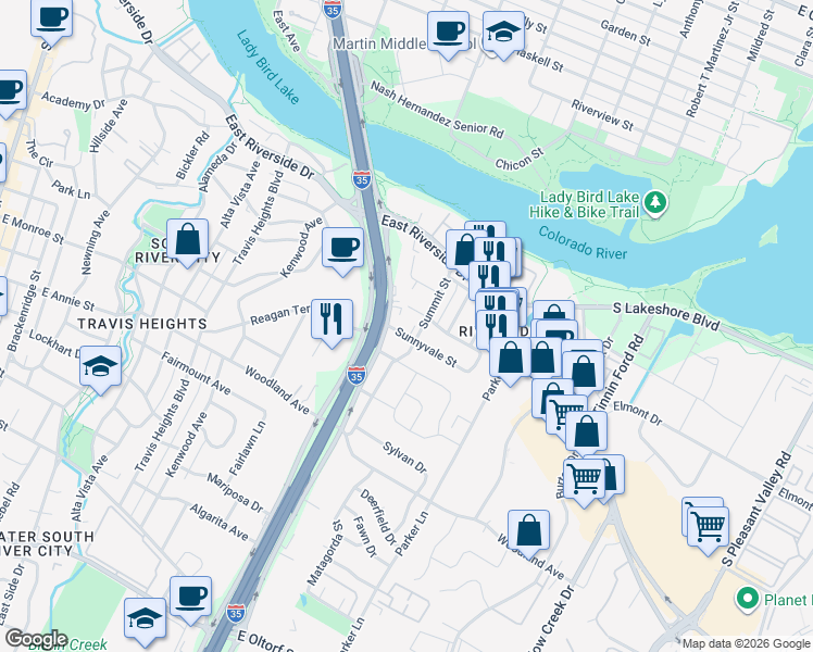 map of restaurants, bars, coffee shops, grocery stores, and more near 1503 Lupine Lane in Austin