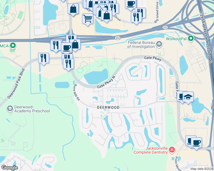 map of restaurants, bars, coffee shops, grocery stores, and more near 10879 Coral Shores Drive in Jacksonville