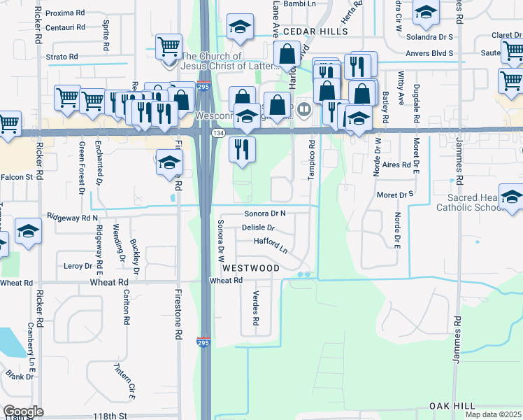 map of restaurants, bars, coffee shops, grocery stores, and more near 6979 Sonora Drive North in Jacksonville