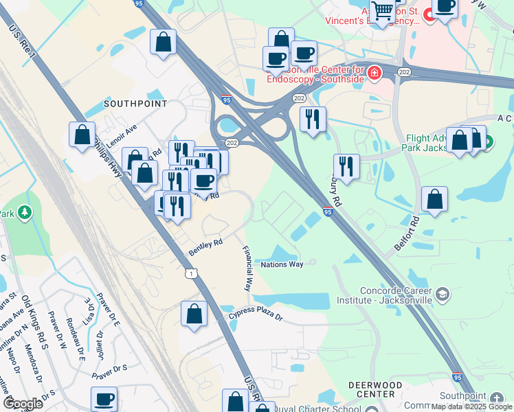 map of restaurants, bars, coffee shops, grocery stores, and more near 8192 Cabin Lake Circle in Jacksonville