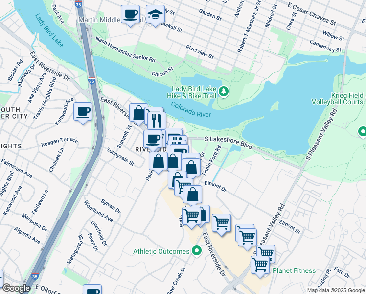 map of restaurants, bars, coffee shops, grocery stores, and more near 1414 Arena Drive in Austin