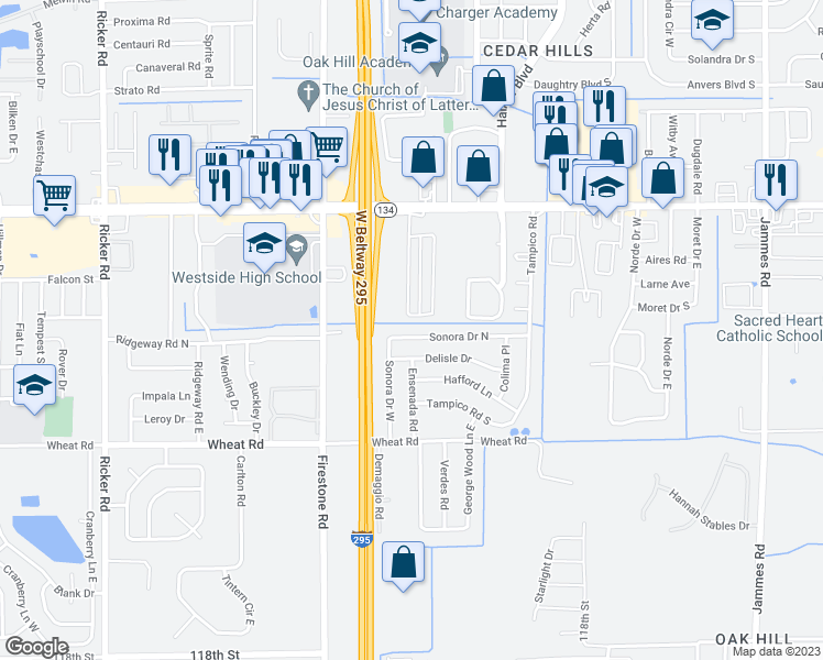 map of restaurants, bars, coffee shops, grocery stores, and more near 7047 Sonora Drive North in Jacksonville