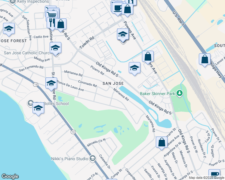 map of restaurants, bars, coffee shops, grocery stores, and more near 3850 Marianna Road in Jacksonville