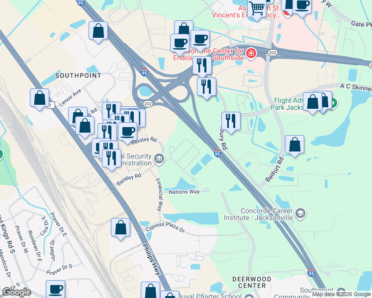 map of restaurants, bars, coffee shops, grocery stores, and more near 7054 Snowy Canyon Drive in Jacksonville