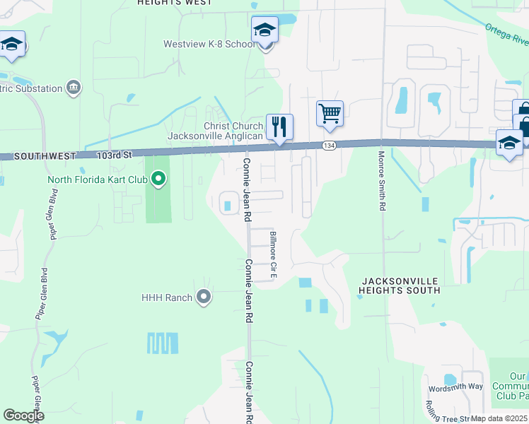 map of restaurants, bars, coffee shops, grocery stores, and more near 9955 Somerset Grove Lane in Jacksonville