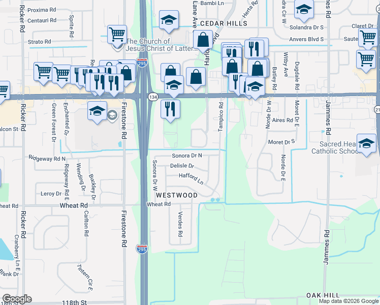 map of restaurants, bars, coffee shops, grocery stores, and more near 6959 Sonora Drive North in Jacksonville