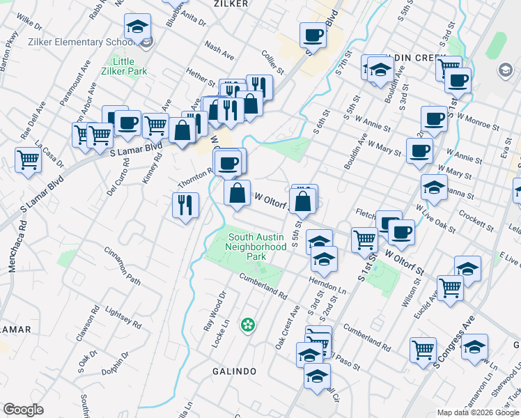 map of restaurants, bars, coffee shops, grocery stores, and more near 1200 Southwood Road in Austin