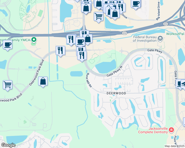 map of restaurants, bars, coffee shops, grocery stores, and more near 5101 Gate Parkway in Jacksonville