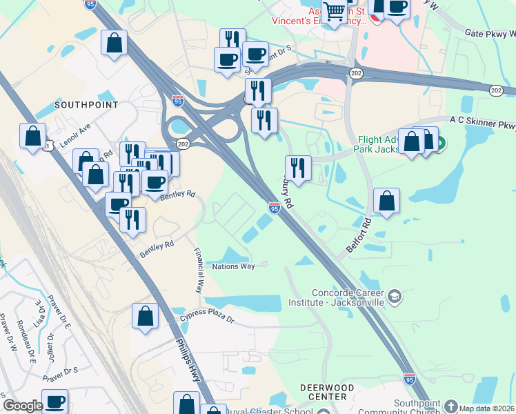 map of restaurants, bars, coffee shops, grocery stores, and more near 7055 Deer Lodge Circle in Jacksonville