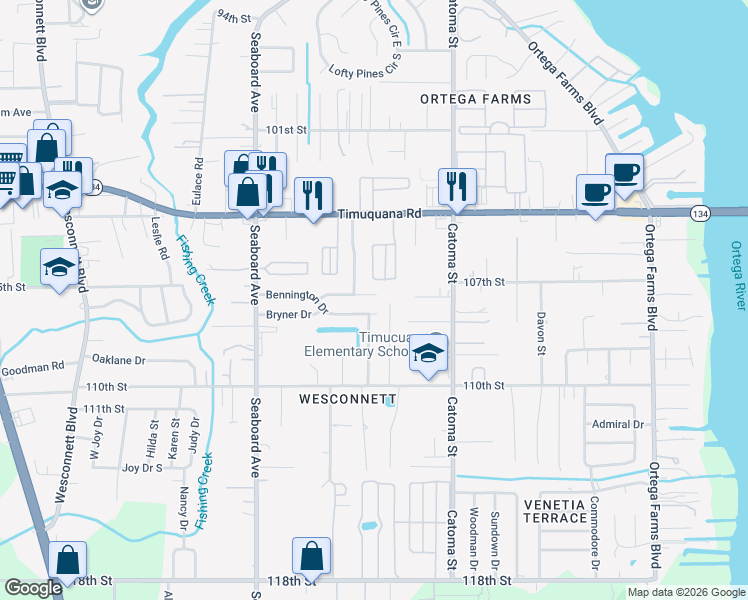 map of restaurants, bars, coffee shops, grocery stores, and more near 5529 Cabot Drive North in Jacksonville