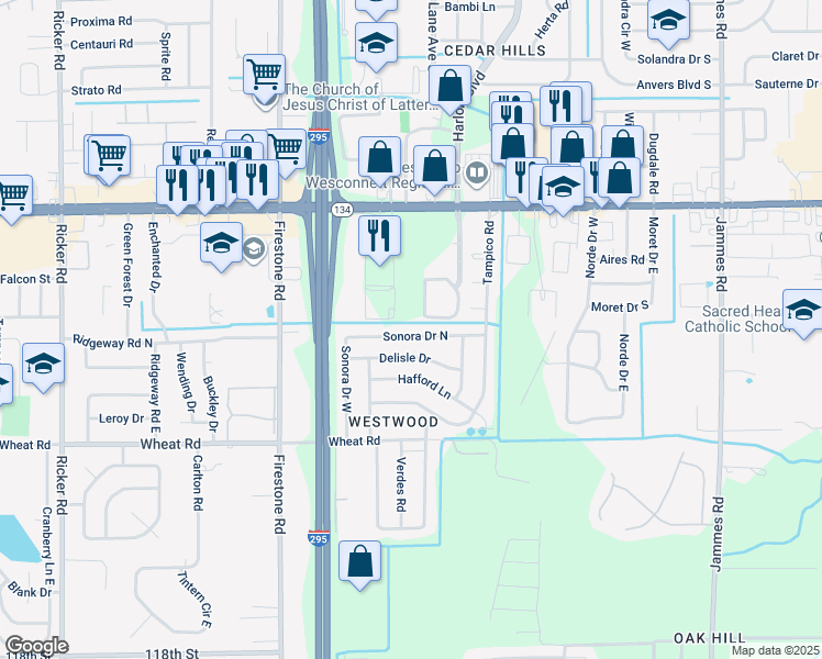 map of restaurants, bars, coffee shops, grocery stores, and more near 6959 Sonora Drive North in Jacksonville