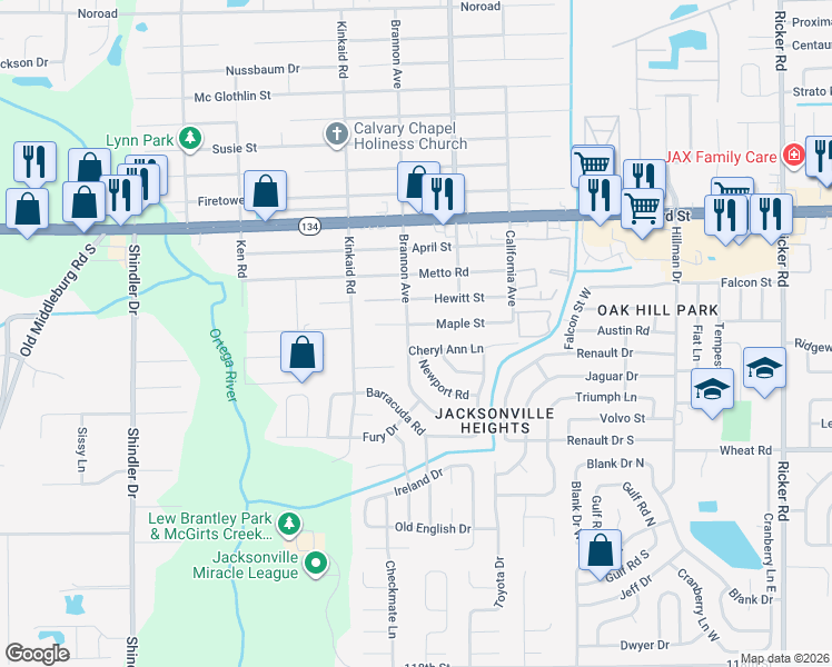 map of restaurants, bars, coffee shops, grocery stores, and more near 8260 Maple Street in Jacksonville